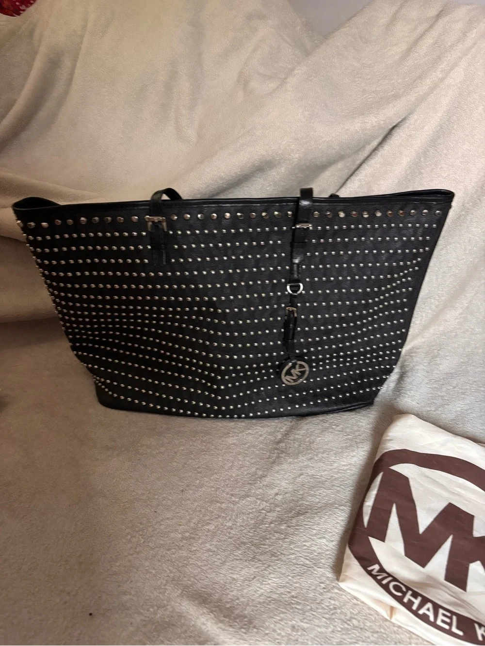 Michael Kors Collection Black Studded Tote with Logo Charm